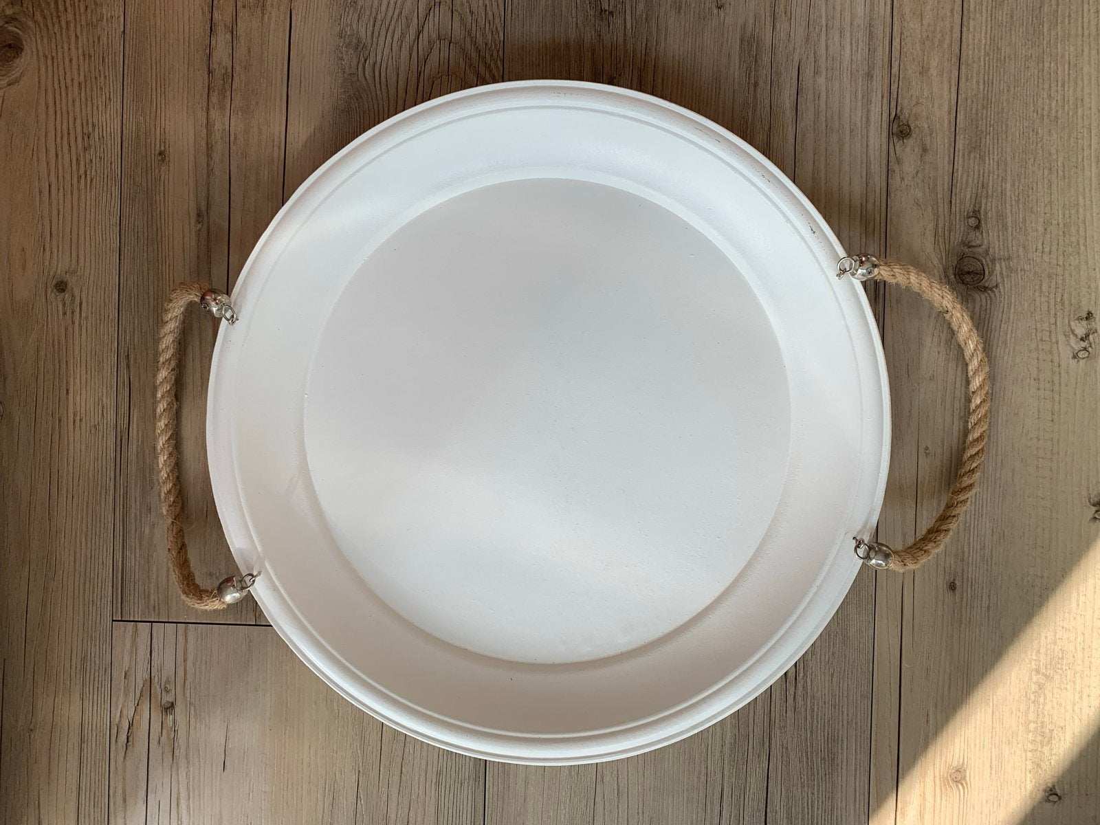 Wit rond dienblad met touw handvatten, Rond, Ophalen of Verzenden, Zo goed als nieuw, Dienblad