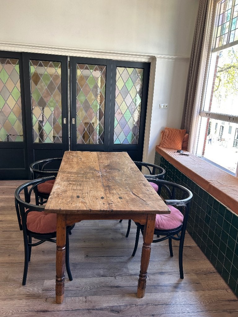 Vintage massief houten eettafel met stoelen, Ophalen, Gebruikt, Vintage, Klassiek, 50 tot 100 cm