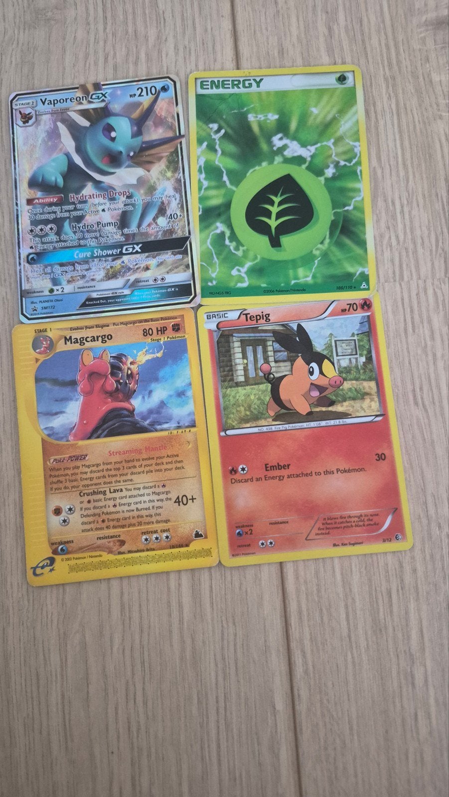 Pokémon kaarten: Vaporeon GX, Magcargo, Tepig en Energy, Ophalen of Verzenden, Gebruikt, Meerdere kaarten