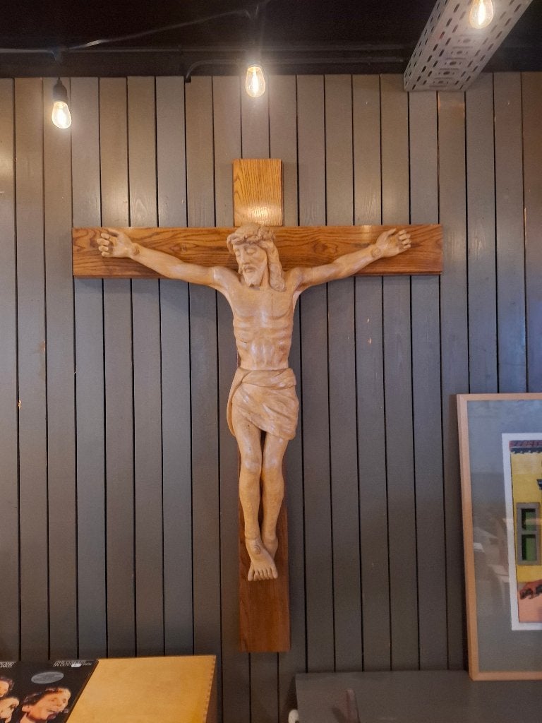 Antiek Kruisbeeld, Jezus aan het kruis, massief hout, GROOT, Antiek en Kunst, Antiek | Religie, Ophalen