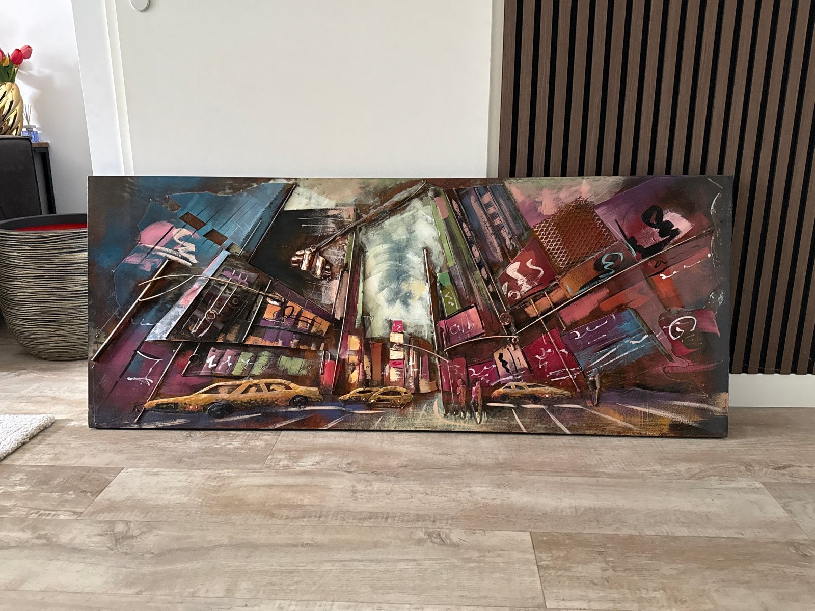 Metalen schilderij Time Square met diepte-effect (150x60 cm), Ophalen, Metaal, 3D-effect, Stadsgezicht