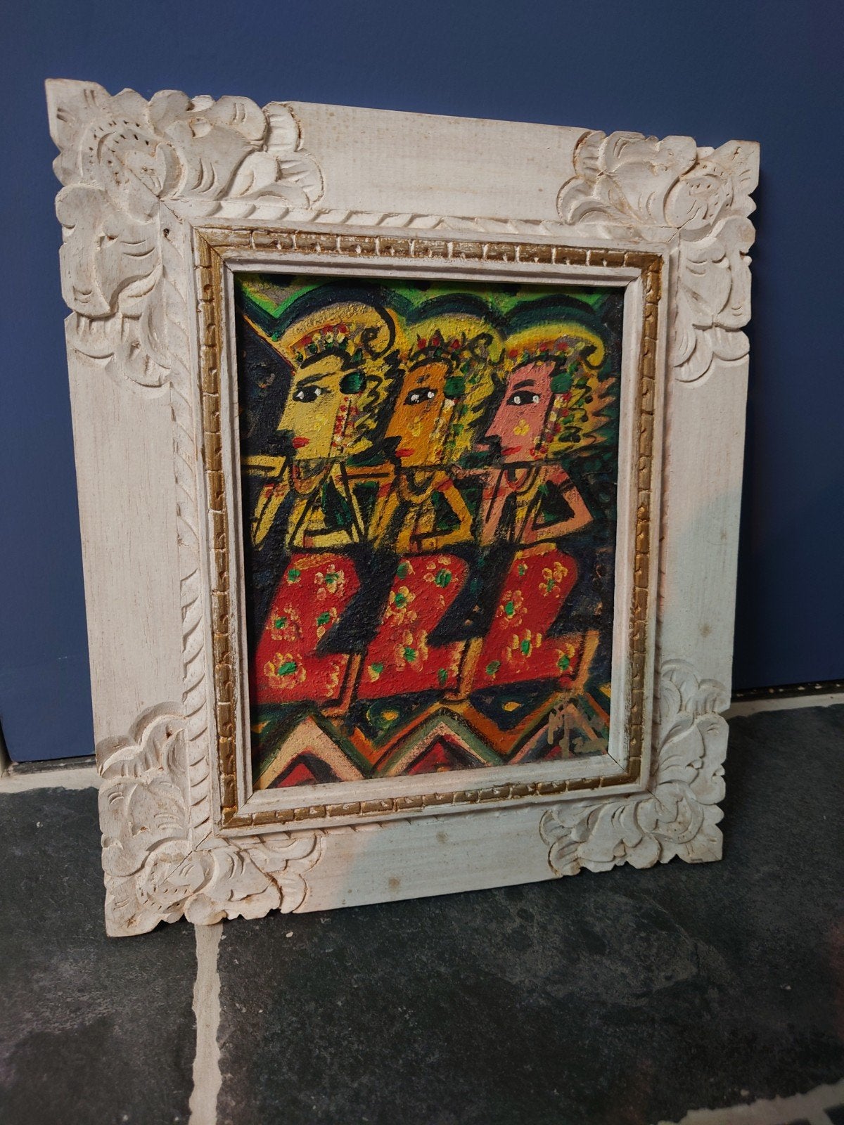 Structuur schilderij uit Bali in houten lijst (32B x 37H), Ophalen of Verzenden