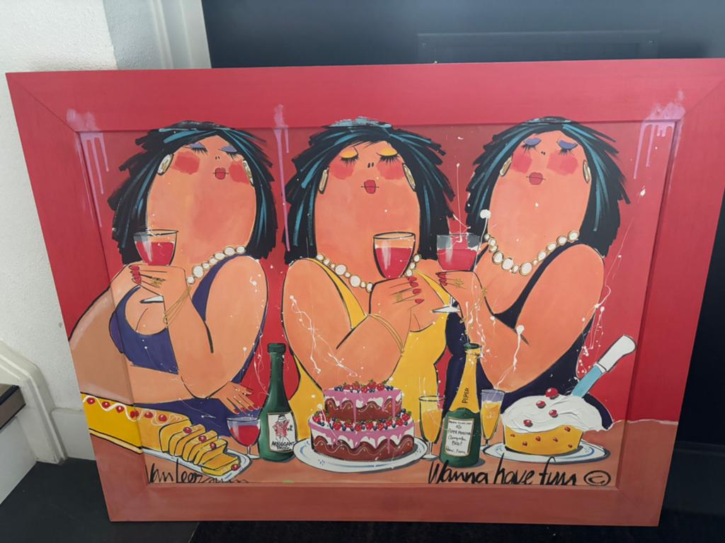 Schilderij Drie Dikke Dames proosten, Ophalen