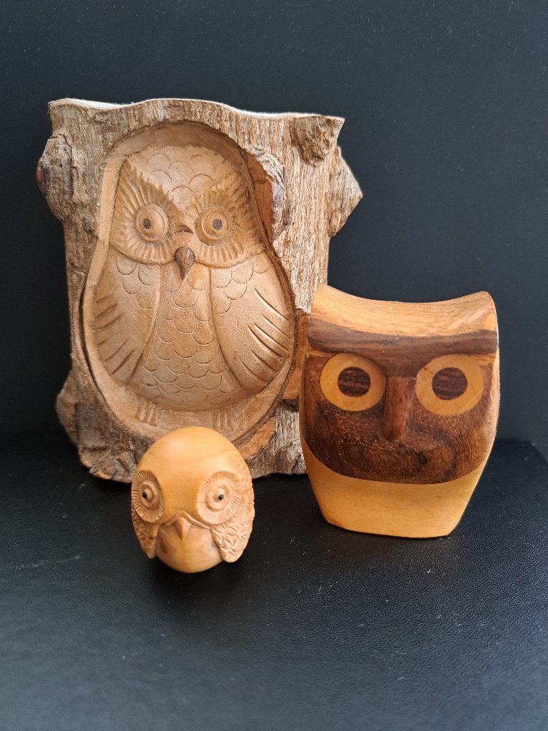 Houten Uilen Decoratie Set - Handgesneden Beeldjes, Ophalen of Verzenden, Gebruikt, Dier