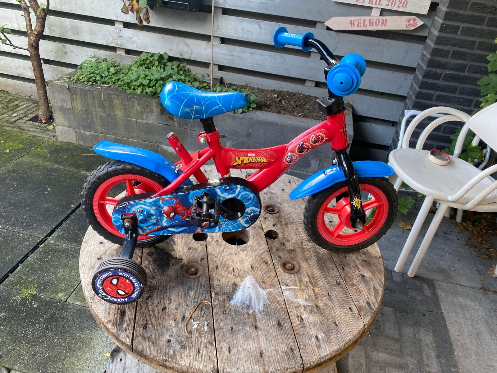 Spiderman kinderfiets met zijwieltjes, Ophalen, Terugtraprem, Zijwieltjes, Gebruikt