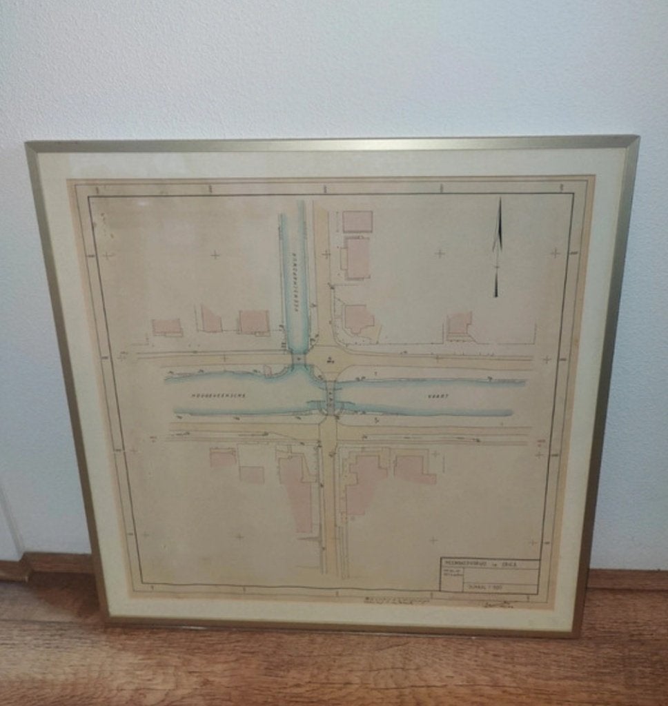 Ingelijste technische kaart  Heemskerkbrug te Erica (1952), Antiek en Kunst, Ophalen of Verzenden, Kaart, Achter glas