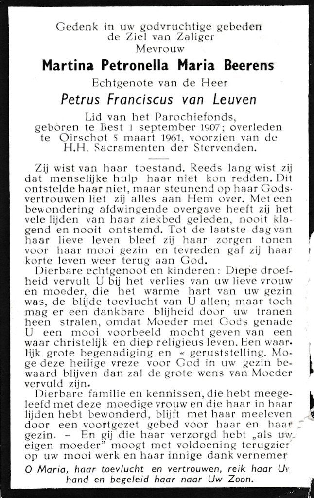 Beerens Martina 1907 Best 1961 Oirschot, Verzamelen, Ophalen of Verzenden, Bidprentje