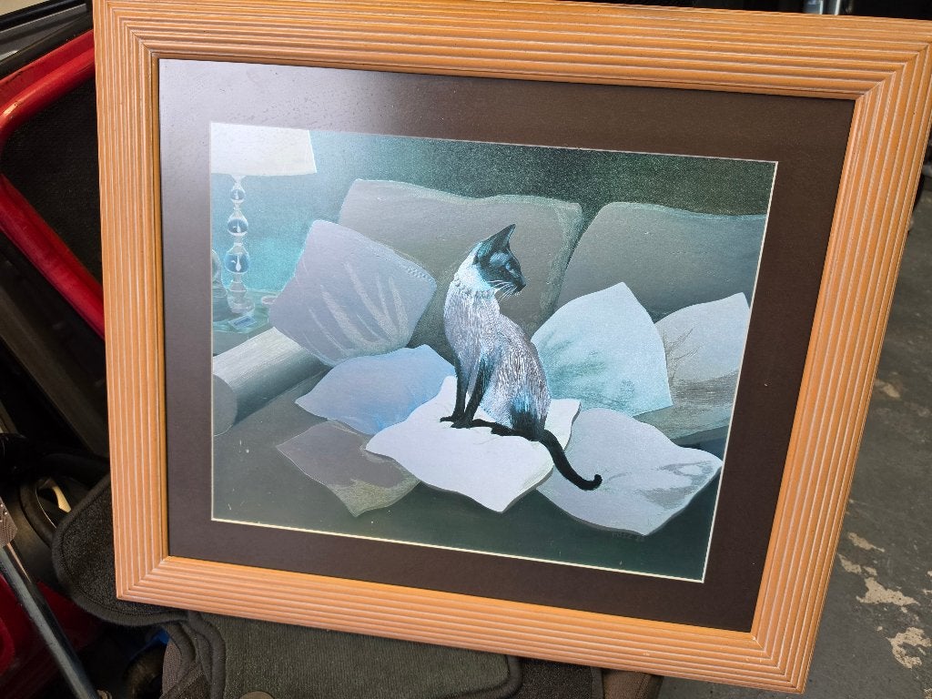 Poes op kussen, Ophalen of Verzenden, Poster, Gemengde techniek, Met ophangsysteem