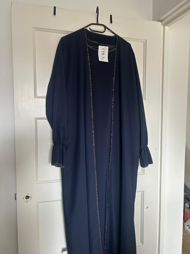 Donkerblauwe abaya met gouden details - One size, Blauw, Maat 46/48 (XL) of groter, Nieuw, Ophalen of Verzenden