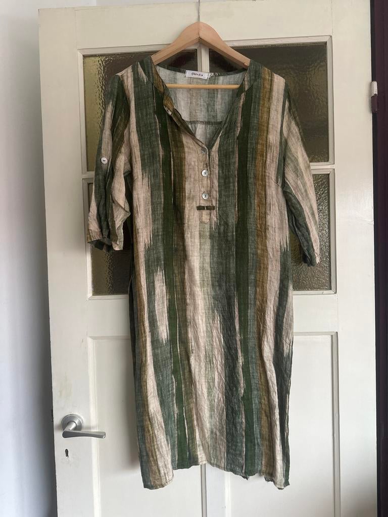 Paprika Linnen Jurk - Groen/Beige Gestreepte Tuniek, Maat 38/40 (M), Ophalen of Verzenden, Zo goed als nieuw, Knielengte