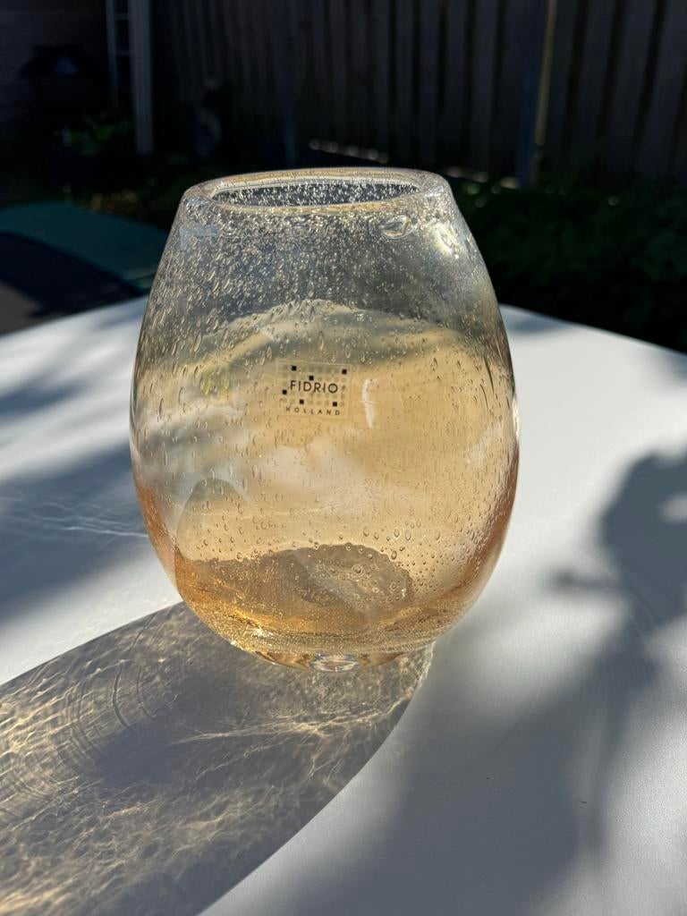 Fidrio Holland Glazen Vaas - Amberkleurig met Bubbelstructuu, Huis en Inrichting, Woonaccessoires | Vazen, Ophalen of Verzenden