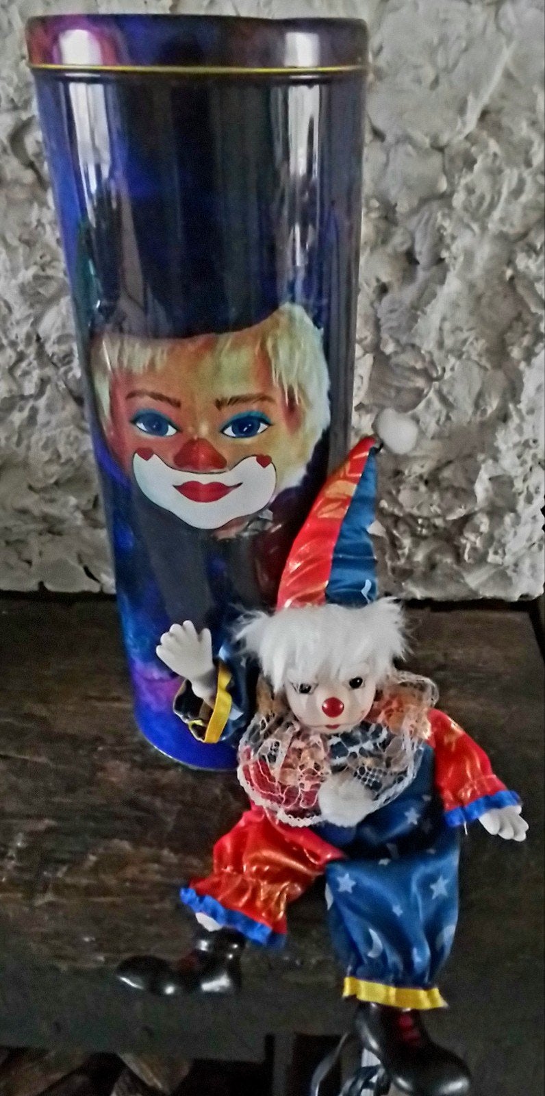 Clowntjespop/vintage in blikverpakking 35cm, Ophalen of Verzenden, Gebruikt, Pop