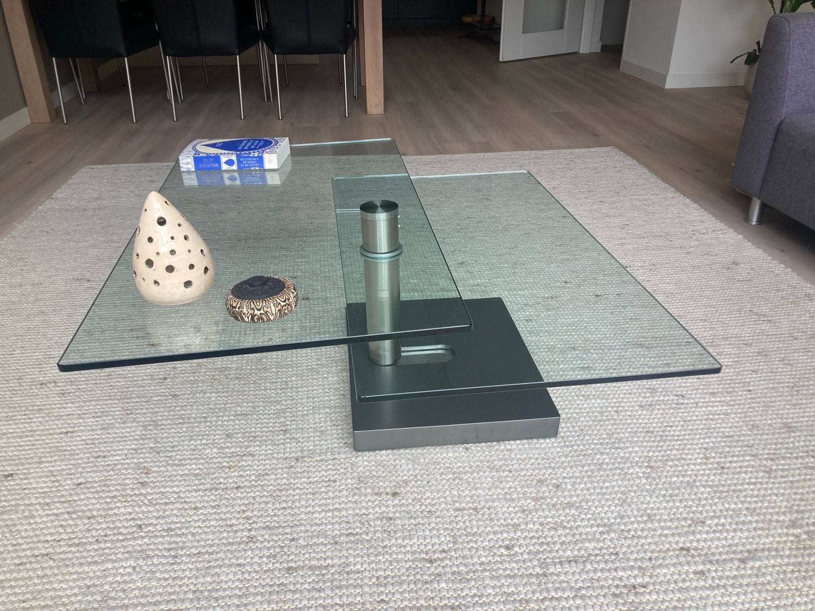 Glazen salontafel met draaibaar blad, Ophalen, Gebruikt, 100 tot 150 cm, 50 tot 100 cm