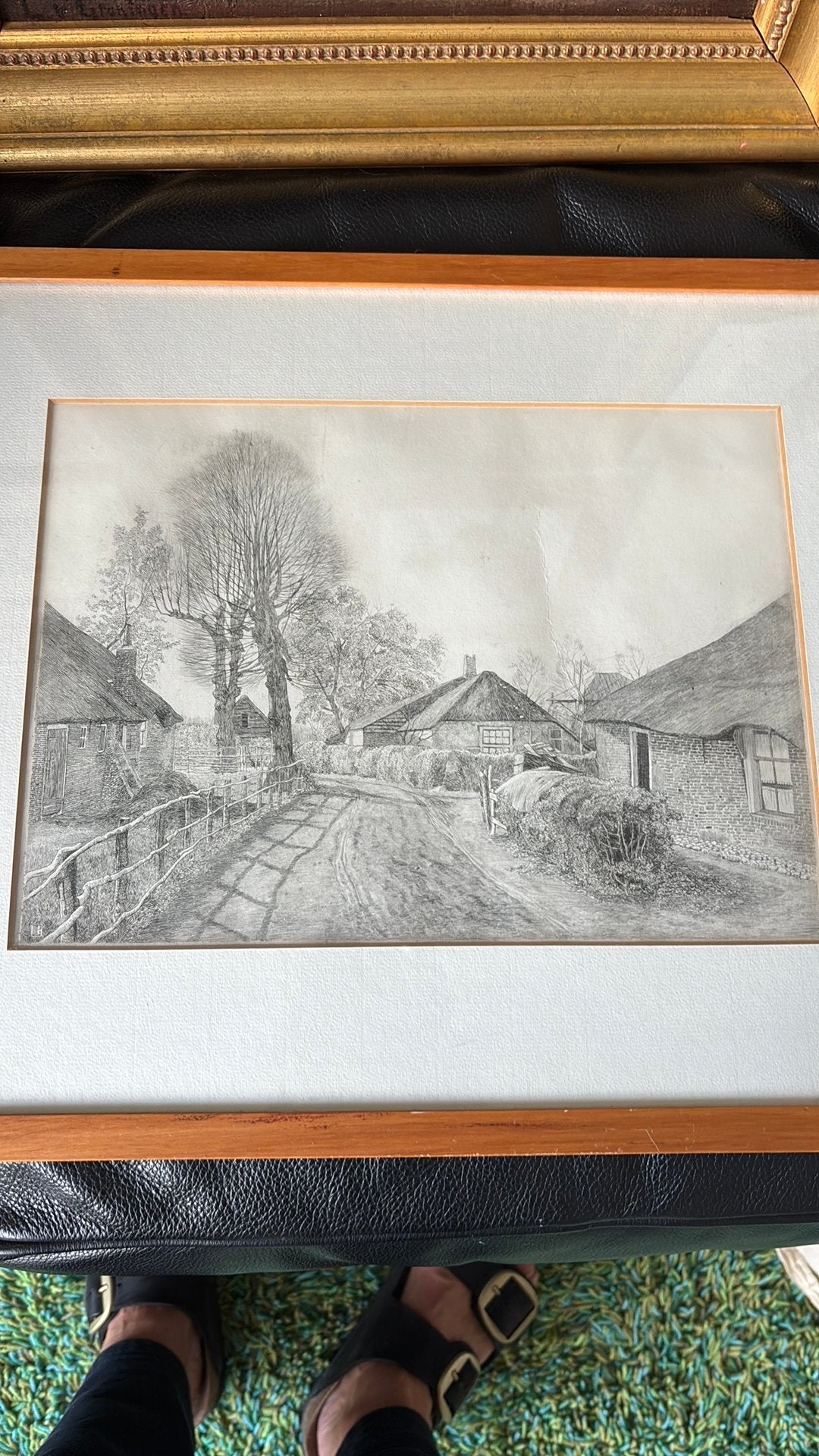 Toon de Jong 1879-1978  Boerderij Laren Ets bomen - Ets, Ingelijst, Ets, 42 cm, Ophalen of Verzenden