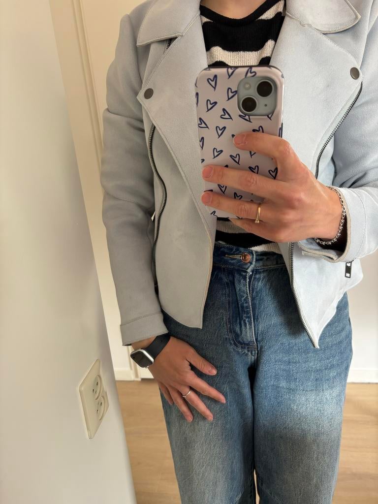 Lichtblauwe suède look bikerjack van .OBJECT, Ophalen of Verzenden, Zo goed als nieuw, Maat 36 (S), Blauw