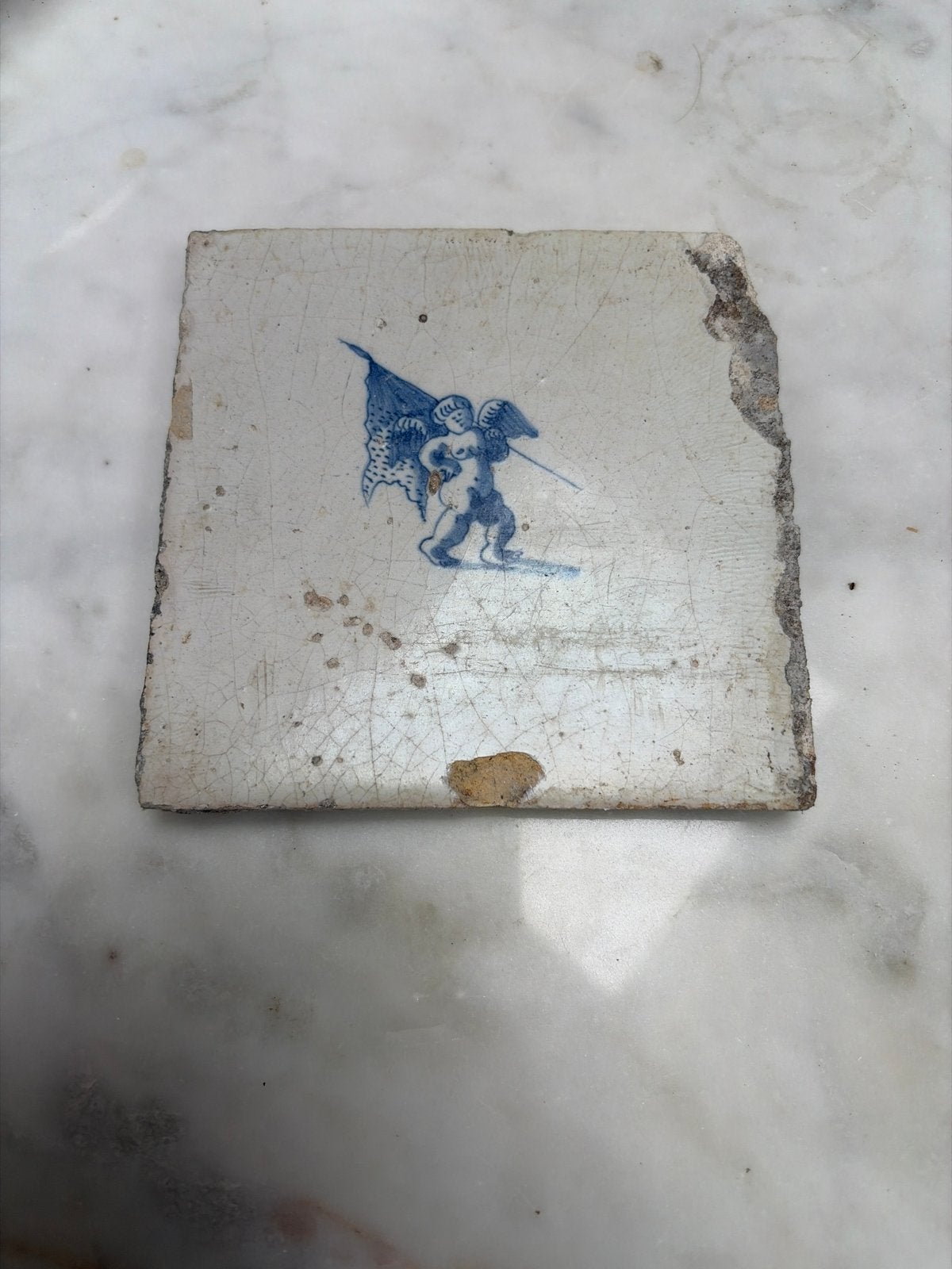 Antieke Delfts Blauwe Tegel met Engeltje, Ophalen of Verzenden
