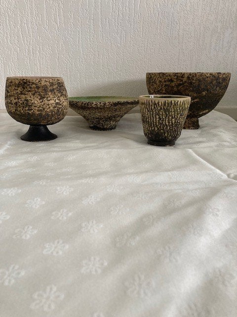 Set van 4 vintage 'berkenbast' bloempotten – Jaren 50/60, Ophalen, Gebruikt, Rond, Aardewerk