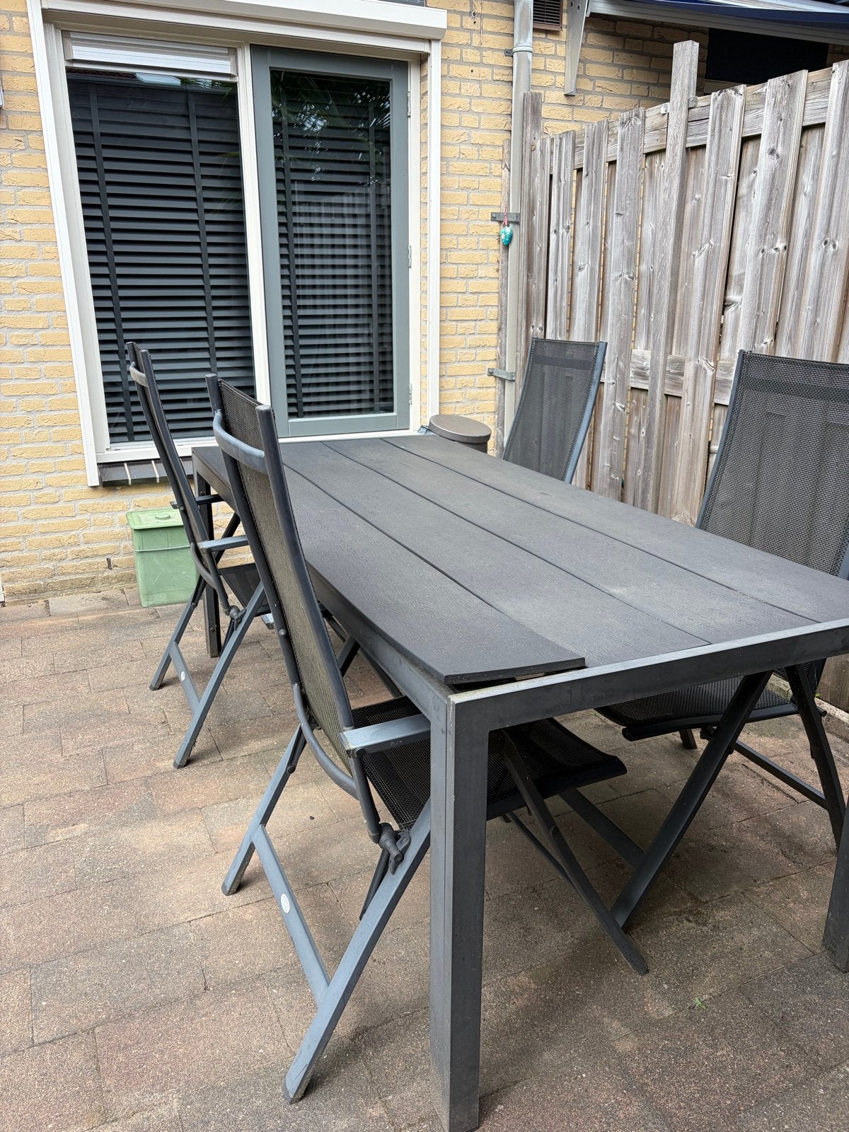 Jutlandia tuintafel met 4 stoelen - 205x89 cm, Tuin en Terras, Tuinsets en Loungesets, Ophalen, 4 zitplaatsen, Gebruikt, Eettafel