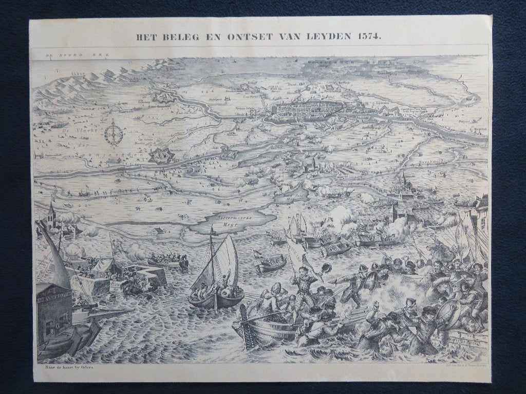 Het Beleg en Ontzet van Leyden 1574 - Hist. Lithografie 1874, Antiek en Kunst, 1800 - 1899, Met tekst, Ophalen of Verzenden, 37 cm