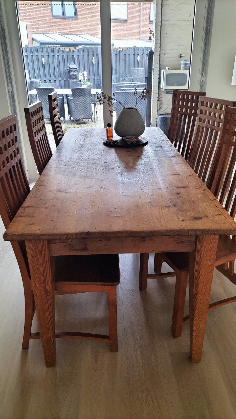 Set van 6 houten eetkamerstoelen + tafel, Ophalen, Gebruikt, Bruin, Klassiek, Tijdloos