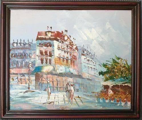 Origineel schilderij aan paneel - Muurhangende kunst, Antiek en Kunst, Hout, Ophalen of Verzenden, Olieverf, Stadsgezicht