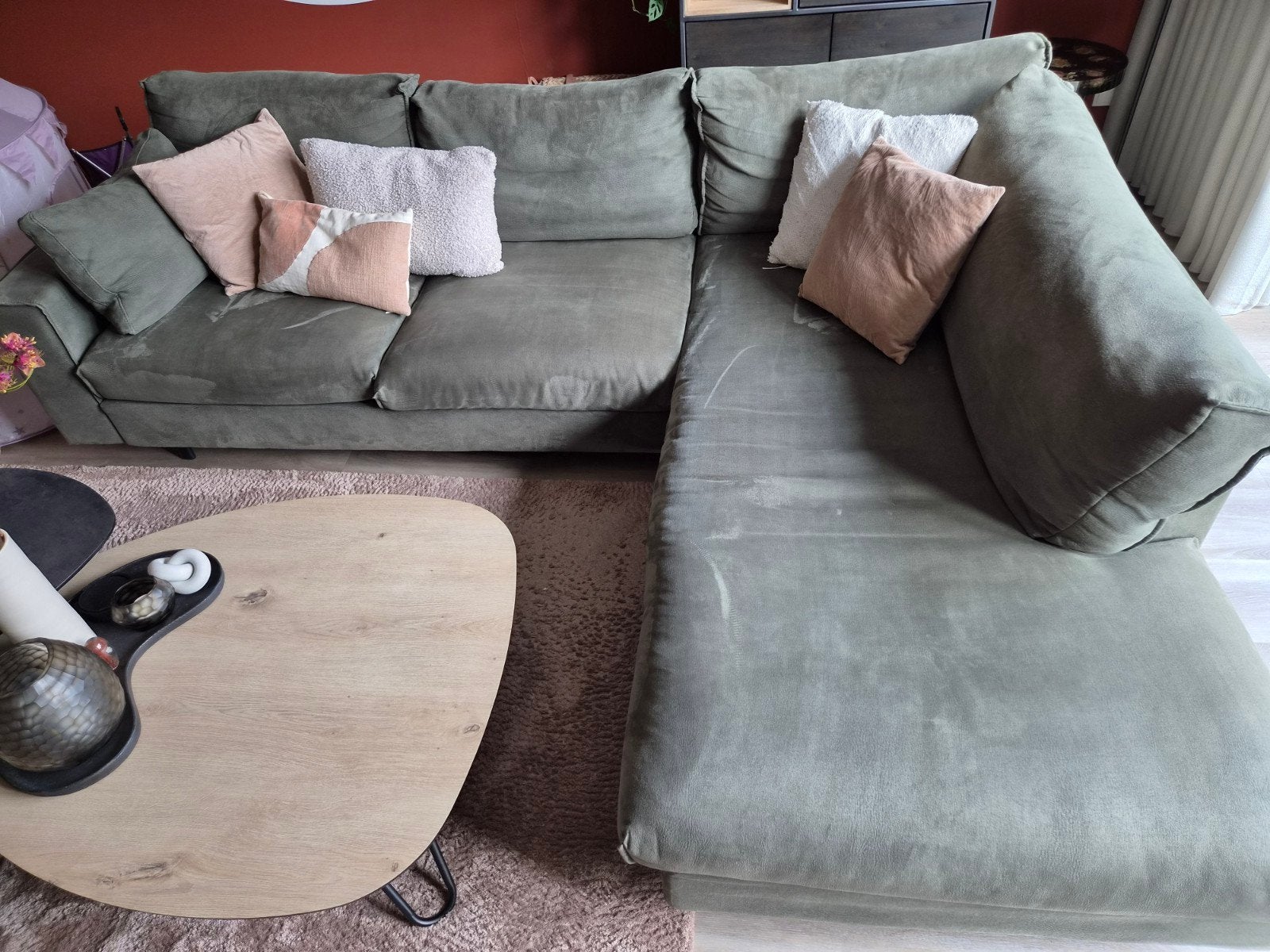 Trendhopper Juno hoekbank Utica Old Green (280x211 cm), Huis en Inrichting, Ophalen, 250 tot 300 cm, Gebruikt, Hoekbank