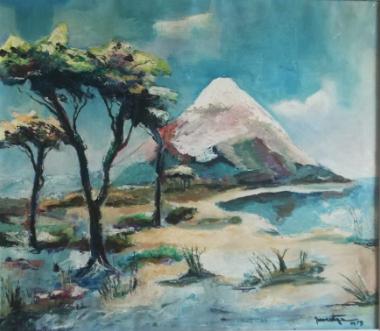 Jan Montyn(1924) Olie Doek "Mount Fujiyama berg Japan", Ophalen of Verzenden