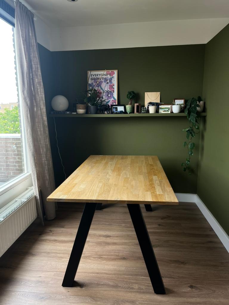 Eikenhouten eettafel met metalen poten, Ophalen, Gebruikt, Eikenhout, 50 tot 100 cm
