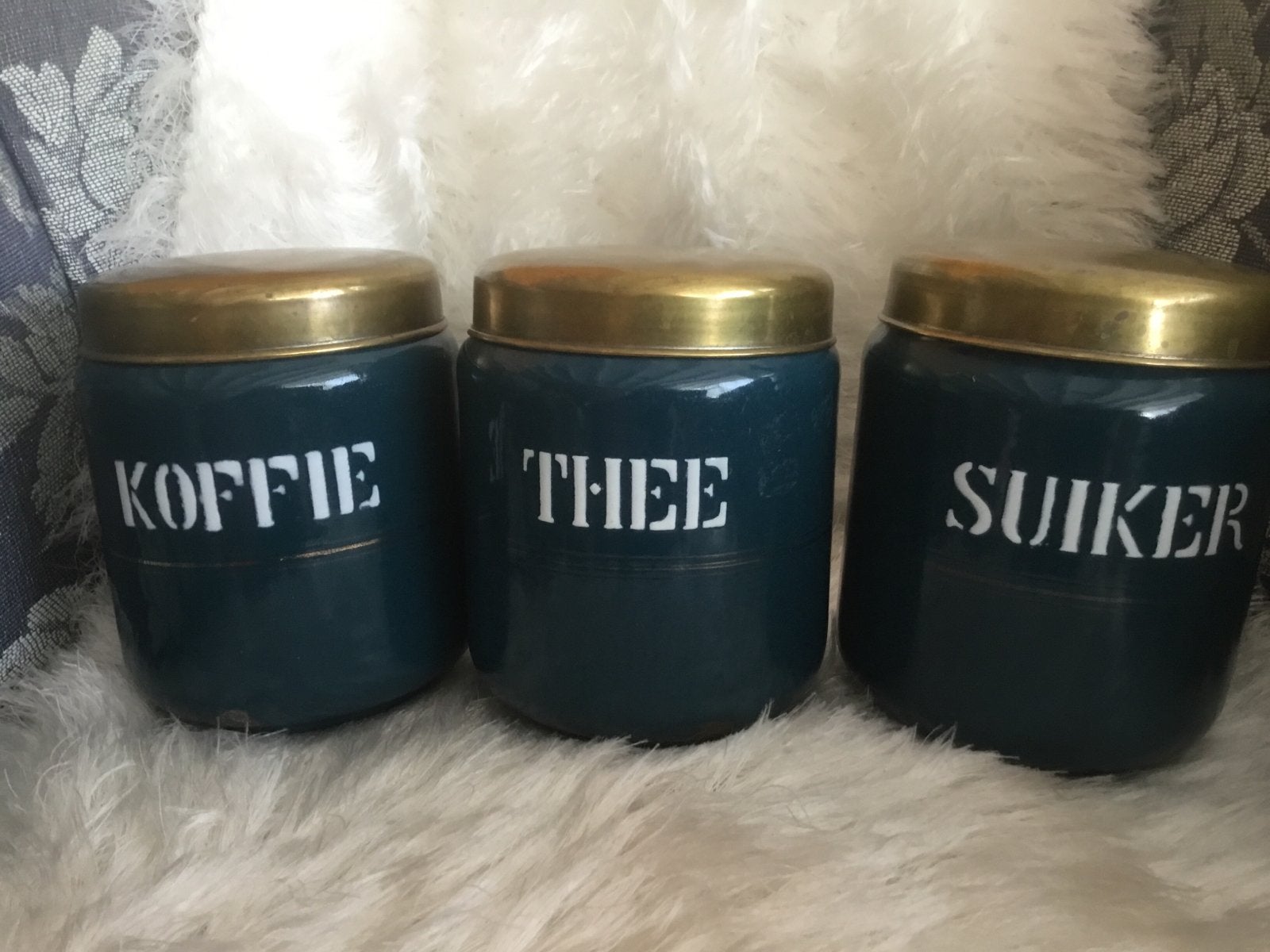 Emaille voorraadpotten Koffie, Thee, Suiker, petrol., Ophalen of Verzenden