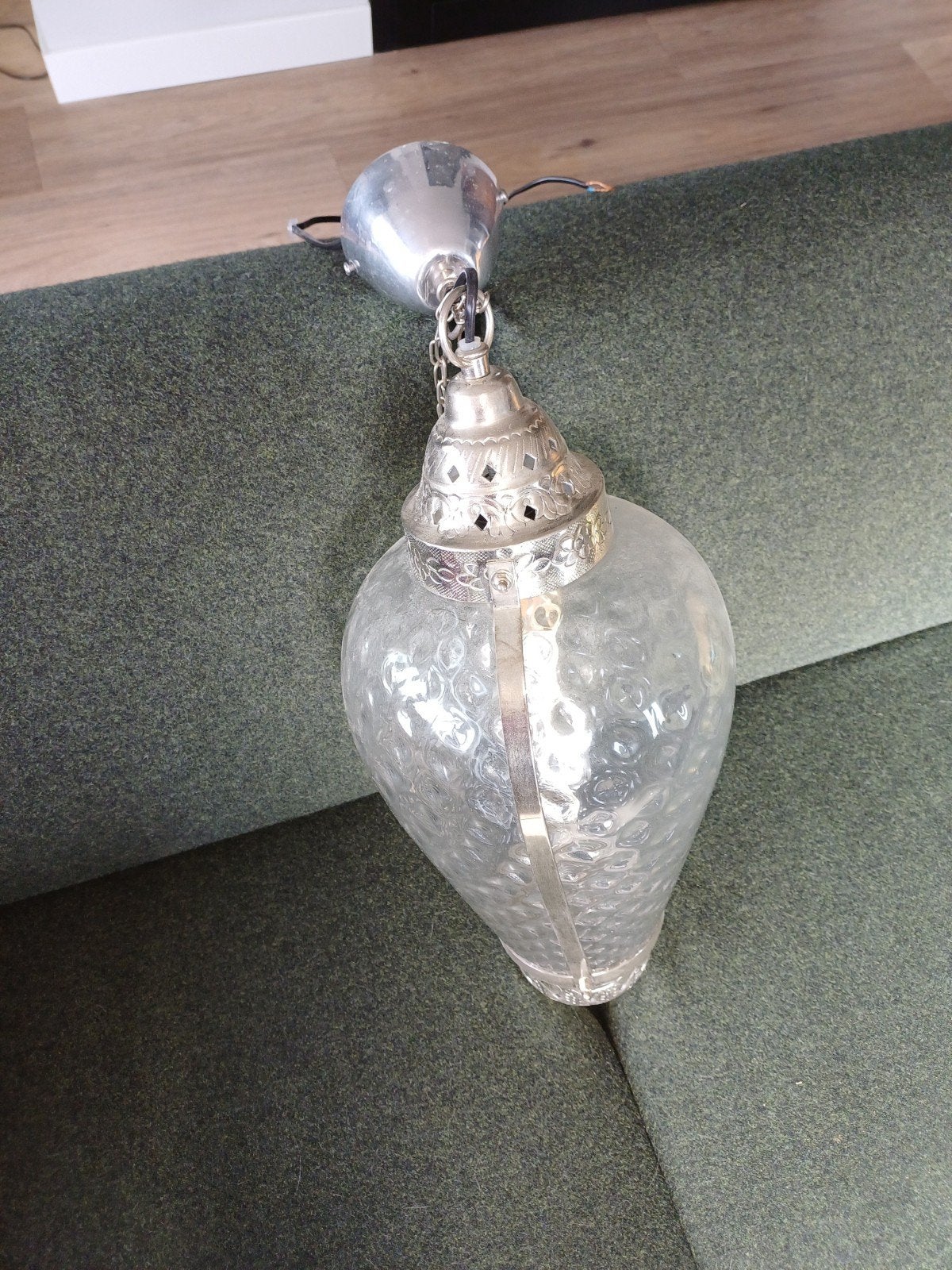 Vintage Marokkaanse hanglamp met glazen kap, Overige merken, Gebruikt, Overige fittingen, Zilver