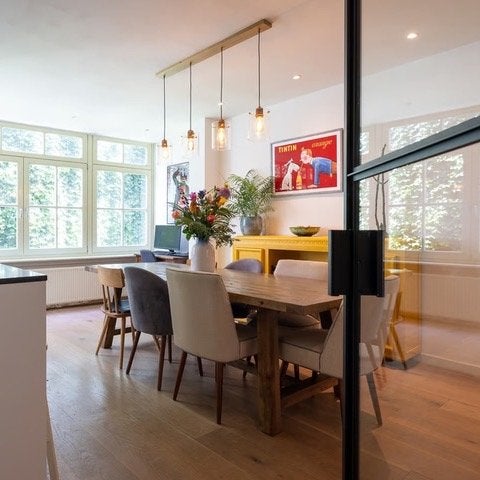 Messing hanglamp met 4 glazen kappen en LED lampen, Ophalen, Gebruikt, Glas, E27 (groot)