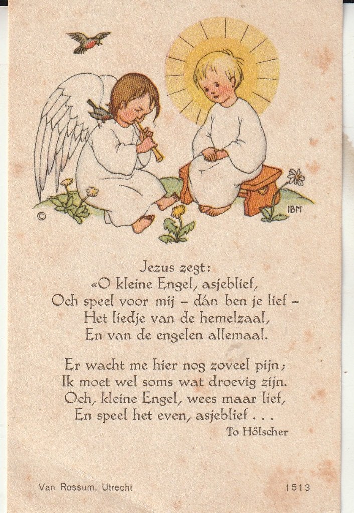 Vintage bidprentje: Jezus en engeltjes, Van Rossum Utrecht, Ophalen of Verzenden, Gebruikt, Kaart of Prent, Christendom | Katholiek