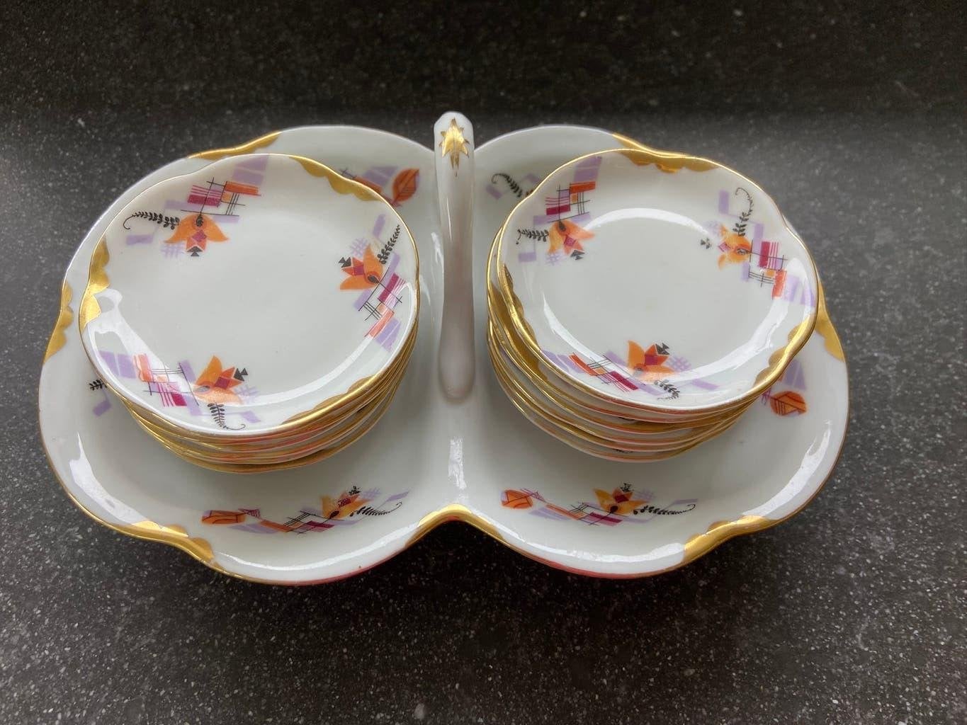 Antieke set petit-fourschaal schaal met 12 mini schaaltjes, Ophalen of Verzenden