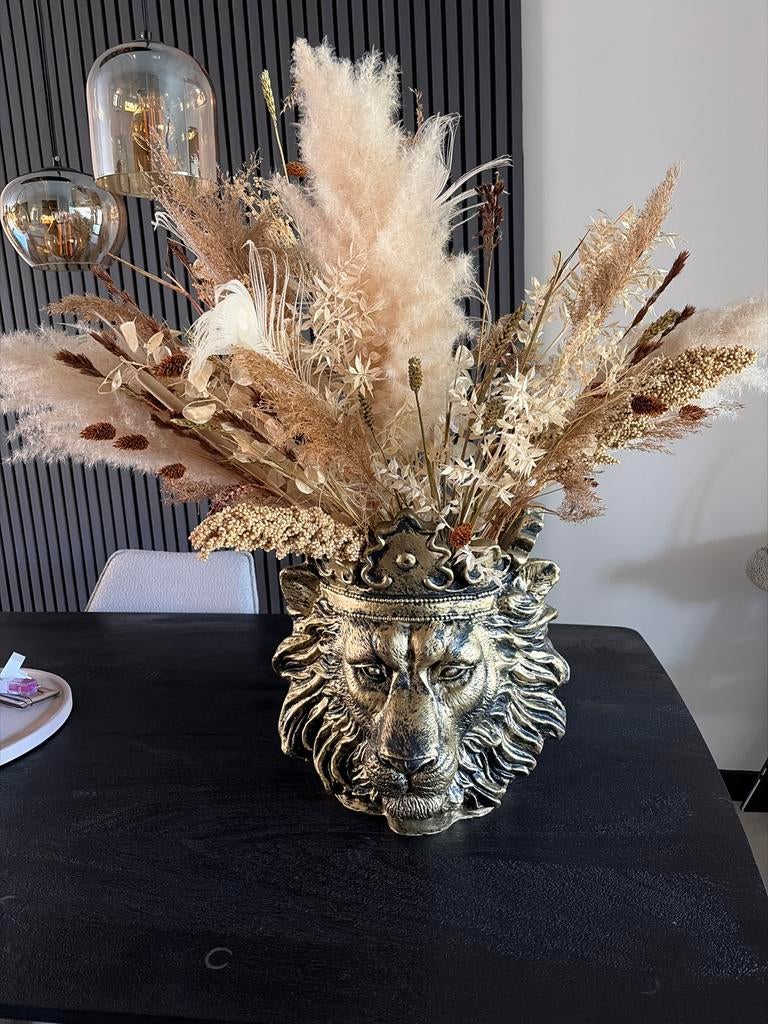 Gouden Leeuwenkop Vaas met Kroon - Uniek Design, Ophalen, Gebruikt, Overige kleuren, Overige materialen