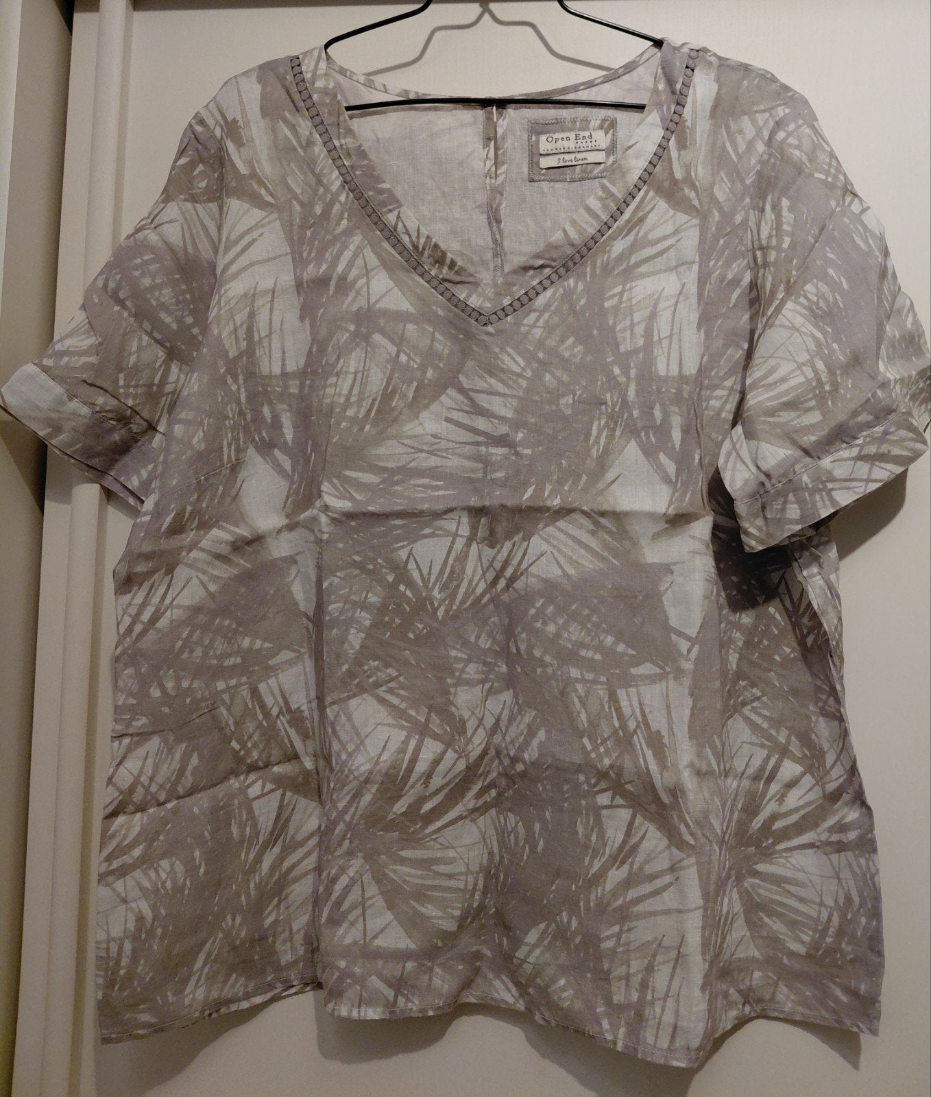 Nieuwe Open End linnen blouse met palmbladprint, maat 46, Ophalen of Verzenden