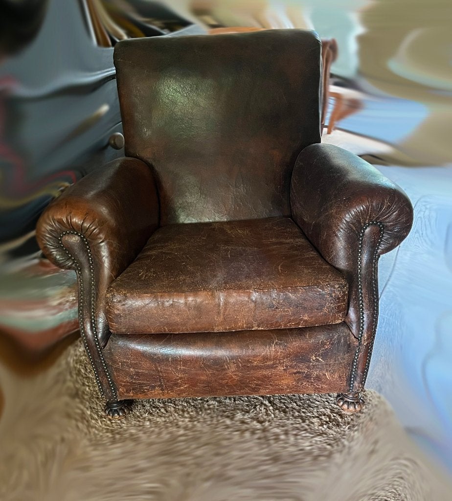 Antieke leren clubfauteuil / clubstoel | Lederen Fauteuil, Ophalen of Verzenden