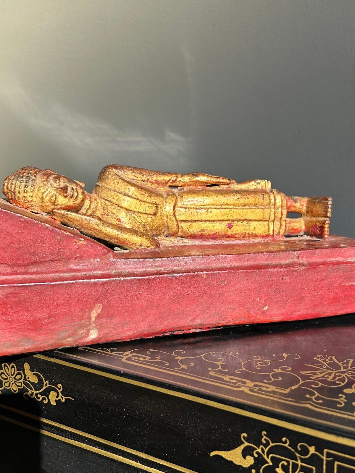 Liggende Cambodjaanse houten Boeddha, Ophalen of Verzenden