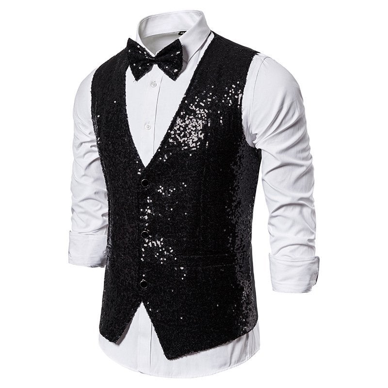 Heren zwart glitter gilet giletje feest party kostuum vest, Verzenden, Nieuw, Overige maten, Overige thema's