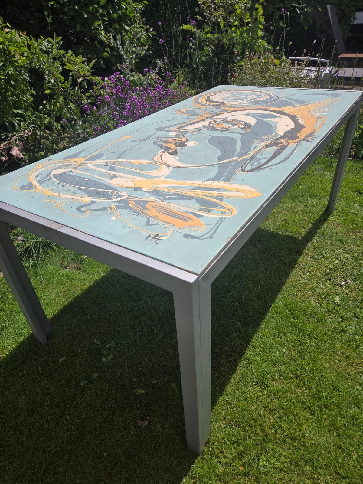 Unieke tuintafel met kunstzinnig blad - 190x90cm, Ophalen, Gebruikt, Rechthoekig, Metaal