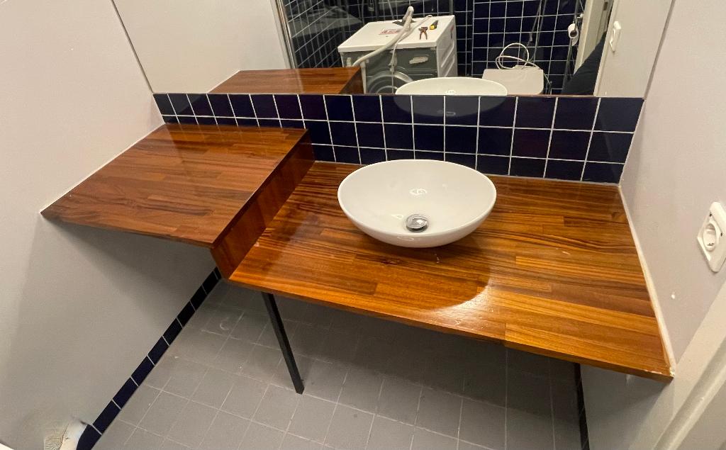 hardhouten badkamer plaat met waskom, Ophalen, Zo goed als nieuw