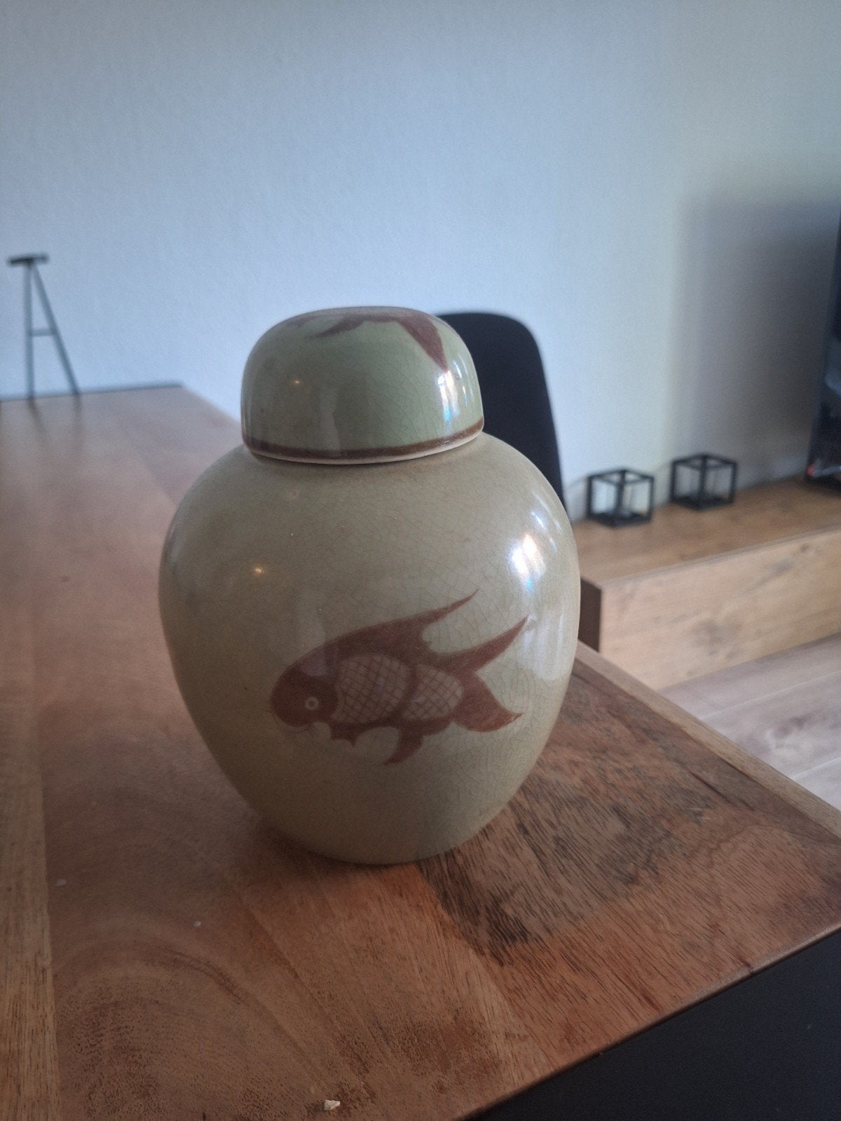 Vintage Chinese gemberpot met vissen decor, Ophalen of Verzenden