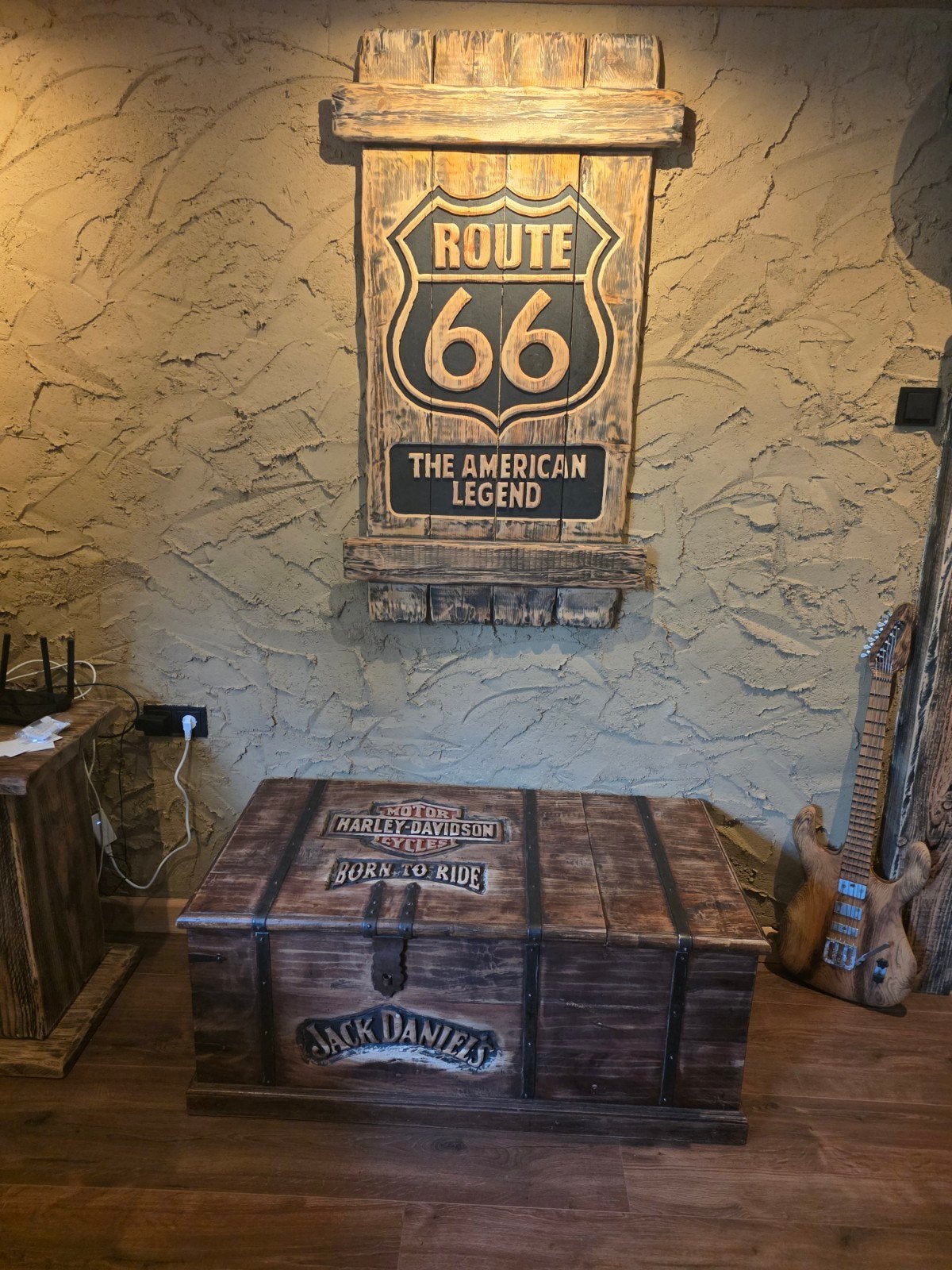 Harley Davidson kist salontafel mancave bar café, Ophalen, 100 tot 150 cm, Teakhout, Zo goed als nieuw