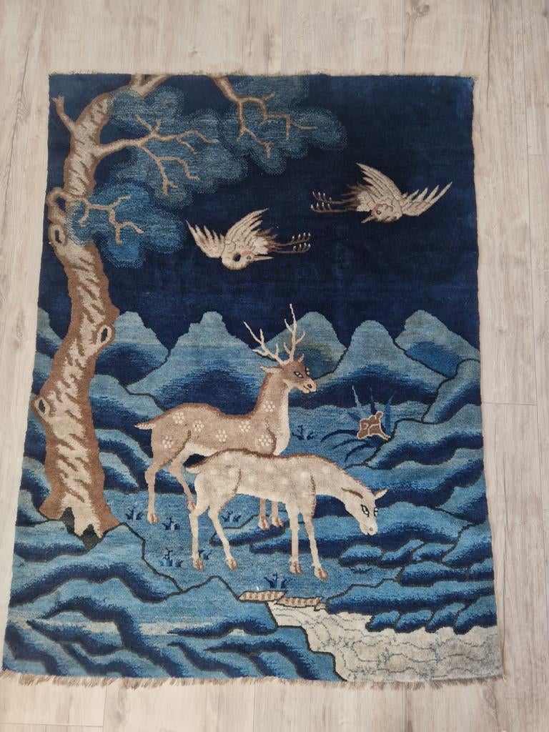 Oud Chinees handgeknoopt tapijt 110x145cm - Zeer apart, Huis en Inrichting, Stoffering | Tapijten en Kleden, Gebruikt, Chinees, Antiek, Handgeknoopt