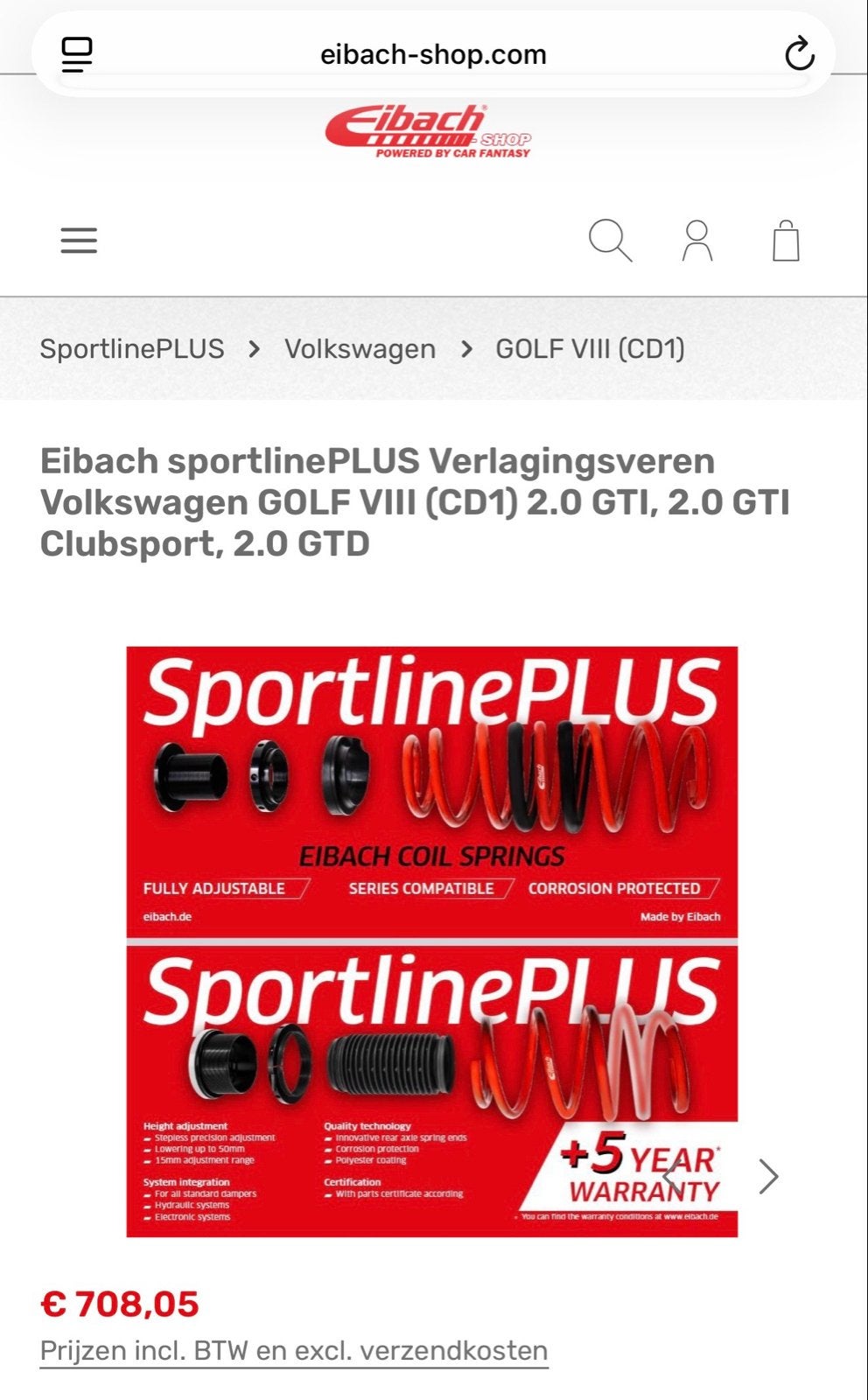 Eibach SportlinePLUS Veren VW Golf VIII GTI/GTD, Ophalen, Nieuw, Volkswagen