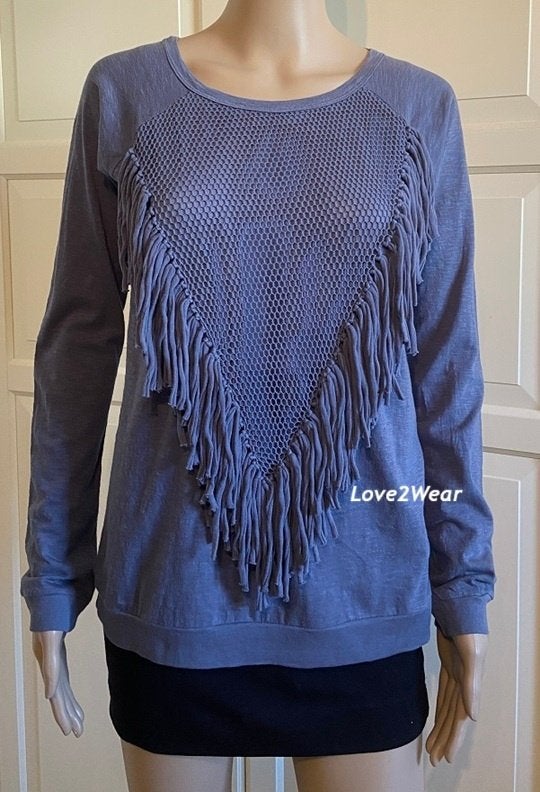 Top blauw met franjes Zara, Zara, Lange mouw, Maat 36 (S), Gedragen