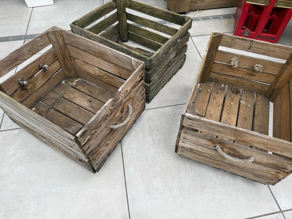 Set van 3 Vintage Houten Kisten met Touwgrepen, Ophalen of Verzenden, Zo goed als nieuw, 50 tot 100 cm, Minder dan 50 cm
