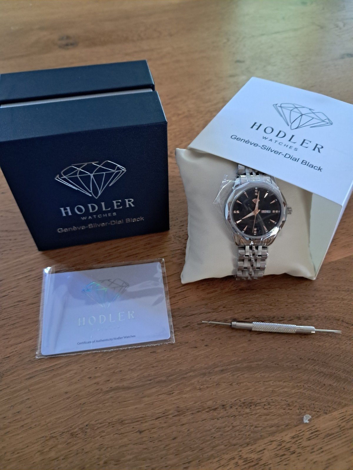 Hodler Genève-Silver-Dial Black Horloge - Nieuw in doos, Overige merken, Staal, Staal, Polshorloge
