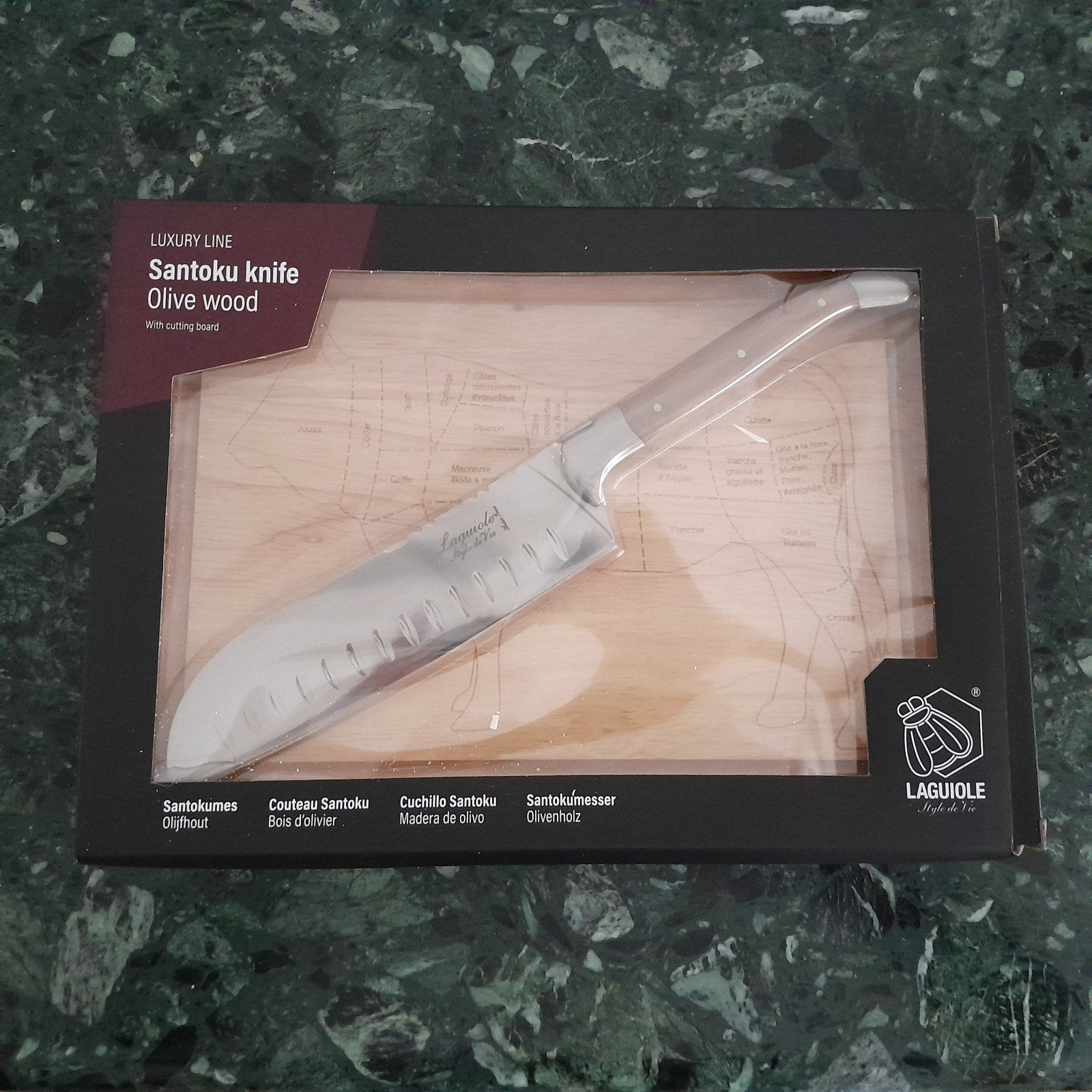Laguiole Santoku mes met olijfhouten handvat en snijplank, Overige typen, Hout, Nieuw, Ophalen of Verzenden
