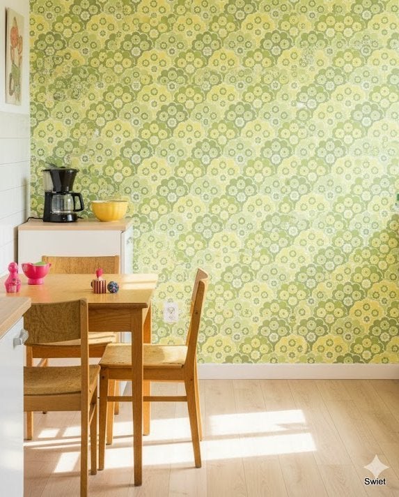 14307 groen retro vintage style bloemenbehang inke swiet, Ophalen of Verzenden, Geel