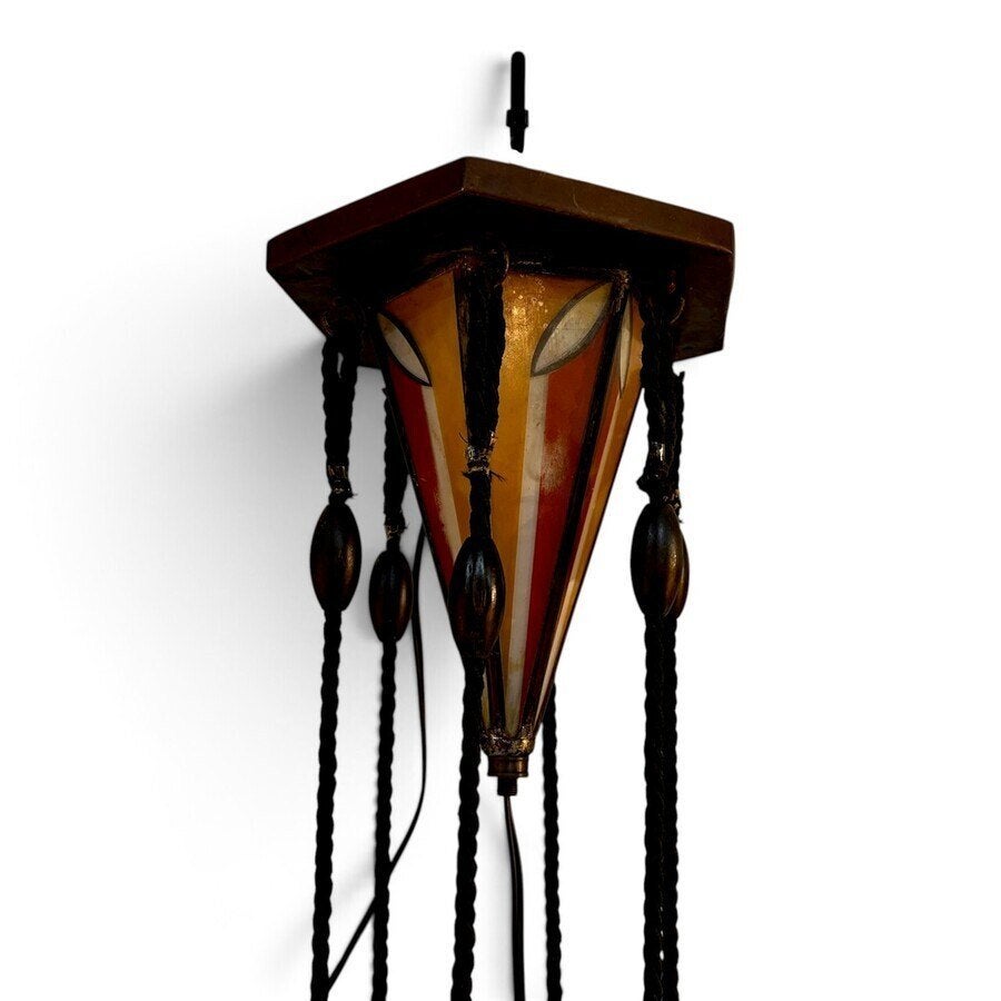 Grote zeskantige lampenkap met klokgebogen glazen, Antiek en Kunst, Ophalen of Verzenden